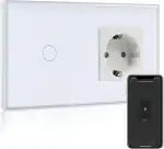 BSEED Normal Steckdose mit Smart Alexa Lichtschalter,Kompatibel mit Alexa,Google Home, Glas Touchscreen-schalter,Smart Lichtschalter 1 Fach 1 Weg 16Amp Steckdose Weiß (Neutrale Leitung benötigt)