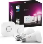 Philips Hue White & Color Ambiance Starter Set mit E27 Lampen 2-er Pack (1100), Smart Button + Hue Bridge, 16 Mio. Farben per Sprache und App steuerbar