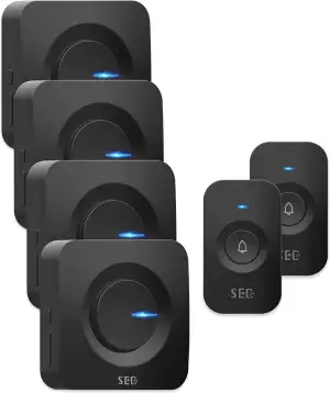 SEC24 Funkklingel Set, 2 Einsteck-Türgong 2 Batterieversorgung Funk-LED-Gong und 2 Doorbell Chime Funkklingeltaster,Kabellose Türklingel,Haustür Klingel Set,52 Klingeltönen,Schwarz