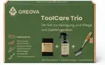 3er Set zur Reinigung & Pflege von Mährobotern & Gartengeräten – Premium Reiniger 500 ml + schwarzes, extra saugstarkes Mikrofasertuch 40×40 cm + Reinigungsbürste mit Schaber – GREOVA ToolCare Trio
