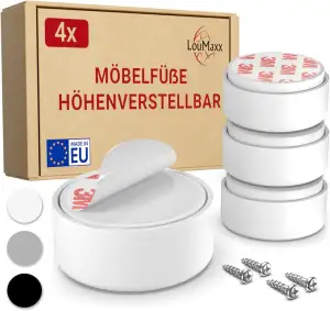 LouMaxx Möbelfüße höhenverstellbar– Füße für Möbel Ø 55,5 mm aus Kunststoff weiß – Hochwertige Möbelerhöhung zum Kleben oder Schrauben – 4er Set Gleitfüße in inkl. Montagematerial
