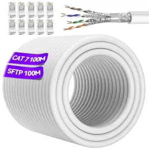 Lan Kabel 100 Meter, Cat 7 Netzwerkkabel Weiß, Cat 7 Ethernet Kabel Rund, RJ45 K