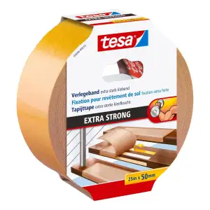 tesa Verlegeband extra stark klebend - Doppelseitiges Klebeband zum Verlegen von Teppich und PVC-Belag - doppelseitig klebend - 25 m x 50 mm