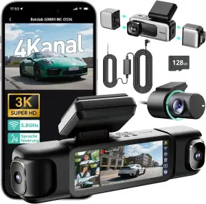 BOTSLAB Dashcam Auto 4 Kanal mit Parküberwachung, 360° Dashcam mit GPS, 5.8GHz WiFi,3.18" IPS-Bildschirm,Super Nachtsicht,WDR, G-Sensor,Loop-Aufnahme, inkl. 128GB SD-Karte