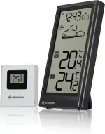 Bresser Wetterstation Funk mit Außensensor Meteo Temp, Thermometer mit Temperaturanzeige für Innen- und Außen, Wettervorhersage, mit ausklappbarem Standfuß und Wandhalterung, schwarz, 8.2x2x15.7 cm