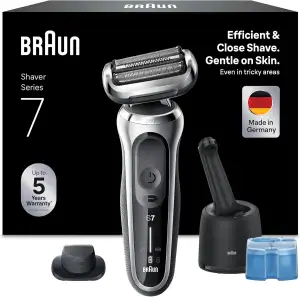 Braun Series 7 Elektrorasierer 360° Flex mit Reinigungsstation, Trimmer & Rasierer Herren Elektrisch, Wet & Dry, rasierapparat, trockenrasierer, Made in Germany, 71-S7200cc, silber