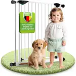 BOMI Schutzgitter Mira | Ohne Bohren | 90° Stop | Schließt automatisch | Türschutzgitter schmal weiß Metall Selbstschließend | Treppenschutzgitter Türgitter Klemmgitter | Breite: 63-71 cm