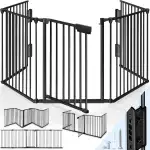 KIDUKU® Kaminschutzgitter mit Tür Metall 300 cm | Absperrgitter Ofenschutzgitter faltbar | Konfigurationsgitter inkl. 5 Elementen (Schwarz)