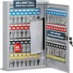 Schlüsselschrank mit 64 Haken– Schlüsselkasten SD64, robuste Schlüsselbox aus Stahl, abschließbarer Safe, magnetische Außenseite, höhenverstellbare Leisten, Wandmontage (45x30x8cm)